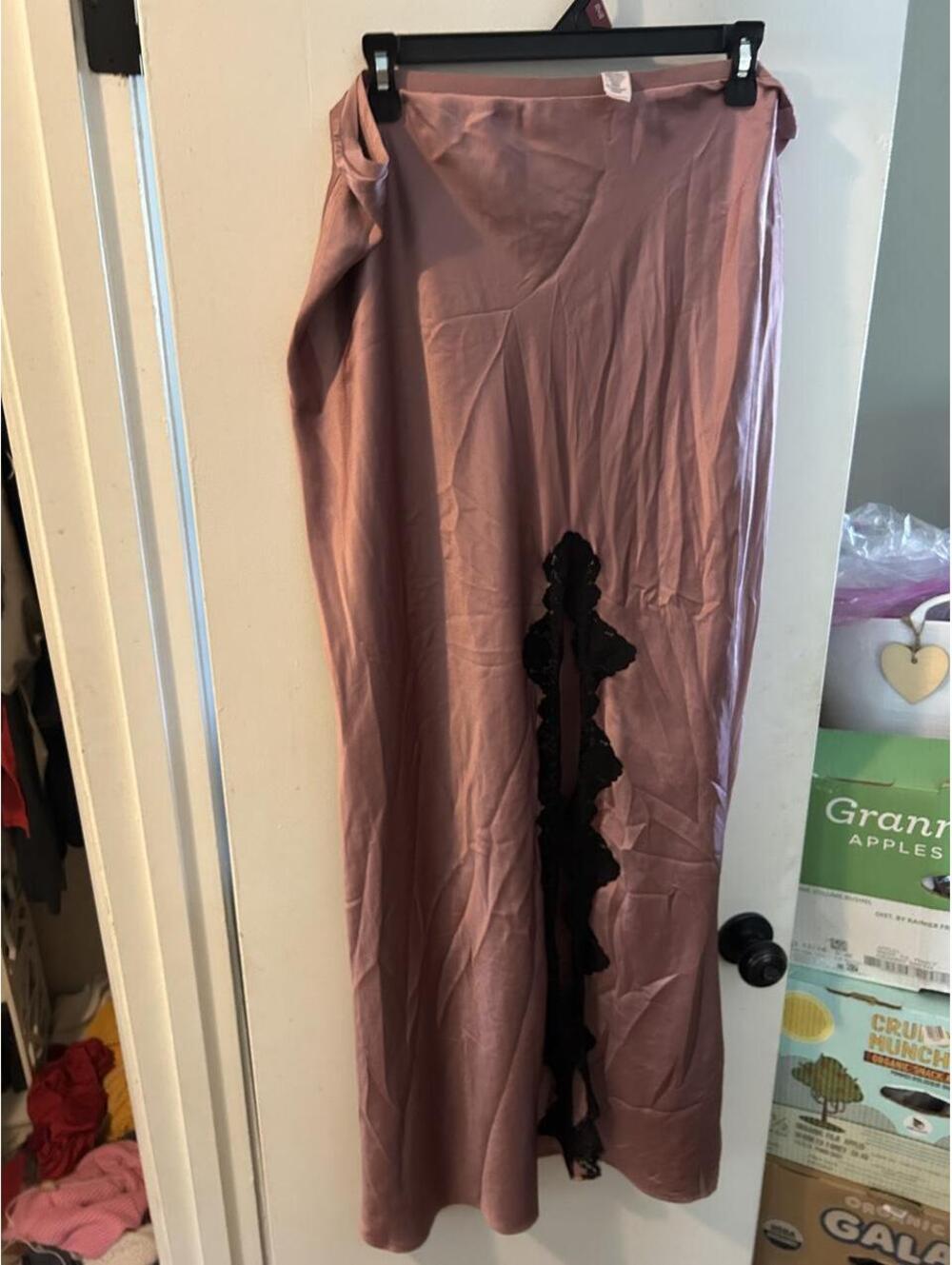 Victoria's Secret pink satin maxi skirt with black ruffled trim, size XXL